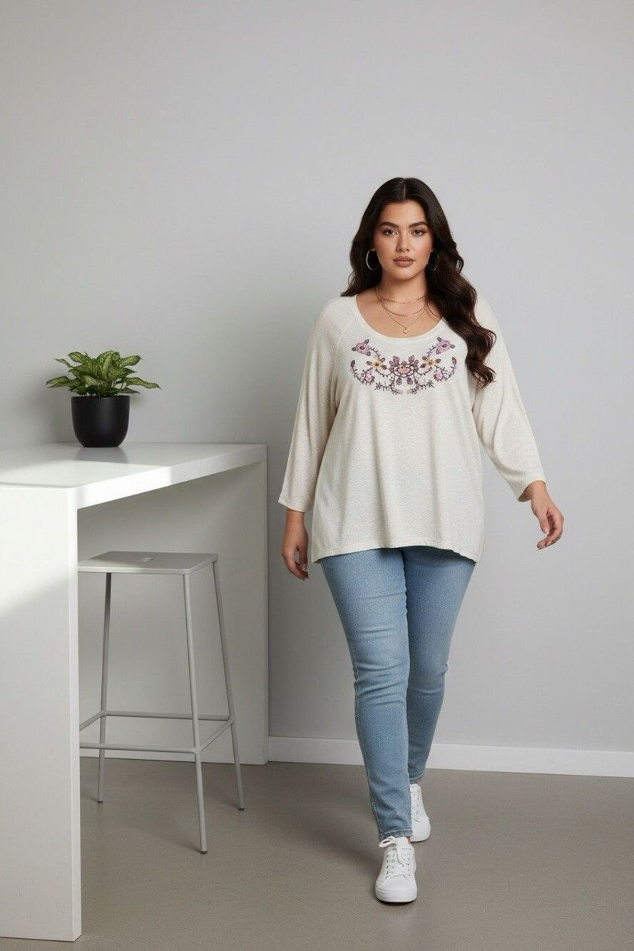 Karen Brooks Beige Embroidered Floral Women’s Plus Size 2X Blouse Cottage Core
